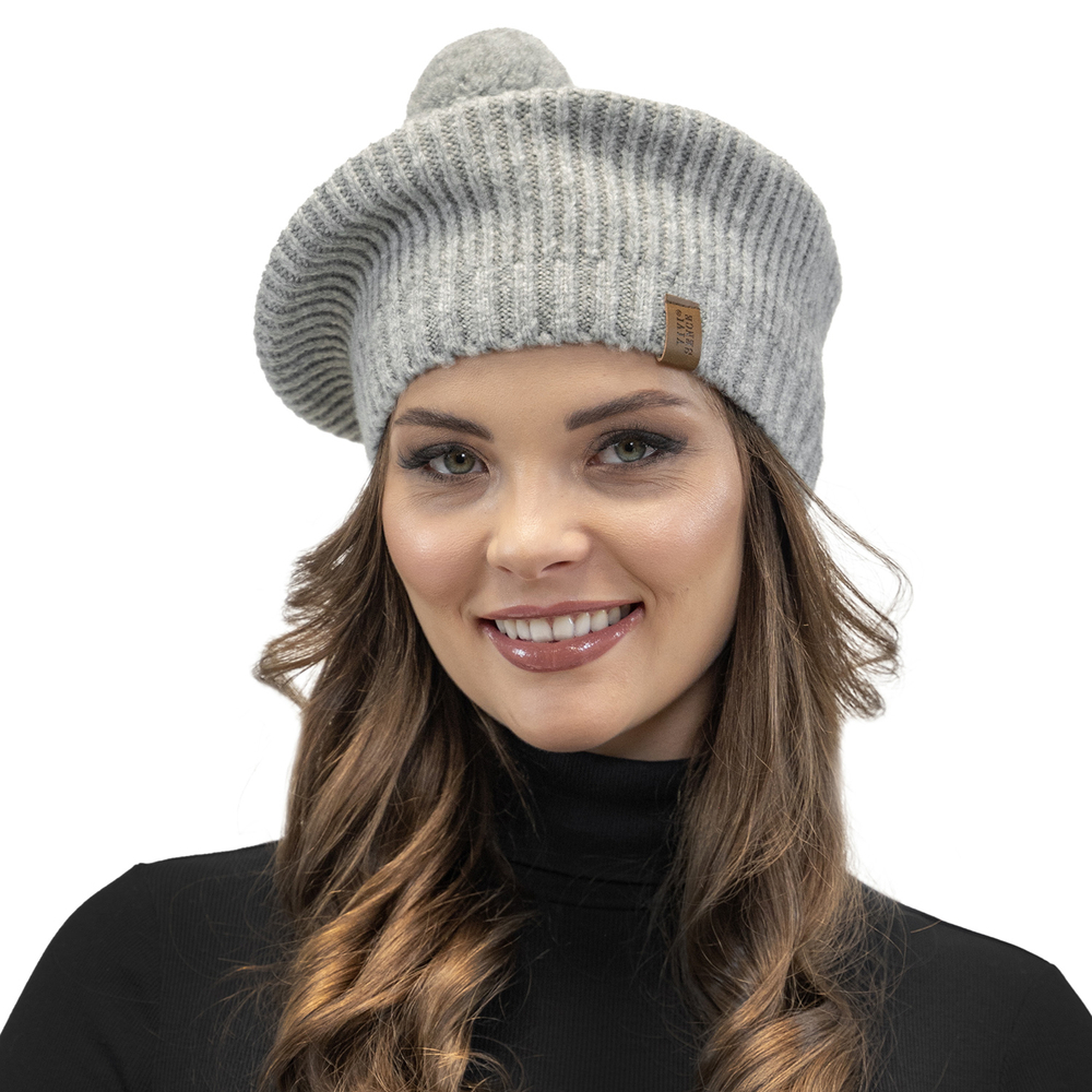Vivisence Damen Baskenrmütze Warm Bequem Kopfbedeckung Bommel Winter 7074, hellgrau