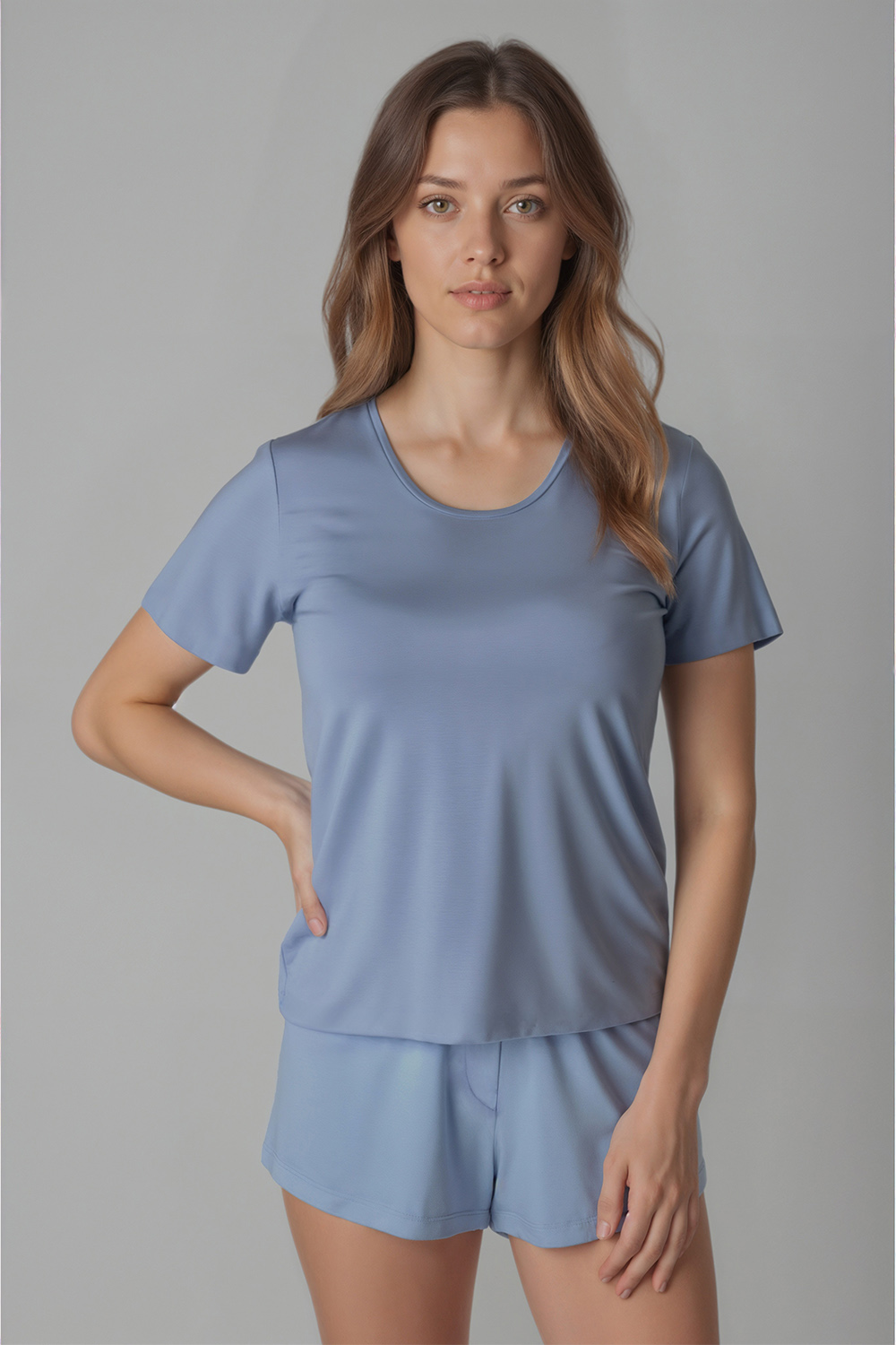 Vivisence Femme Haut de Pyjama Viscose Manches Courtes Confort pour Nuit 2201, bleu ciel