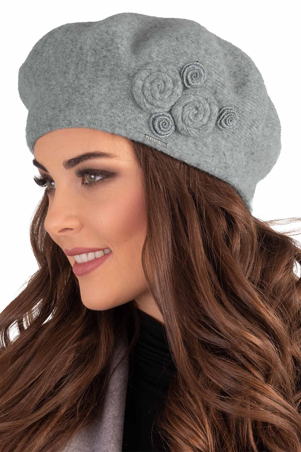 Vivisence Damen Baskenmütze Schal Set Wolle Applikation Lang Warm 7037kmpl, hellgrau