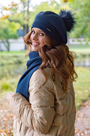 Vivisence Damen Baskenmütze Schal Set Bommel Wolle Warm Elegant Winter 7035Kmpl, dunkelblau