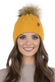 Vivisence Women's Pom Pom Hat Fleece Lined Faux Fur Pom Knitted 7019, honey
