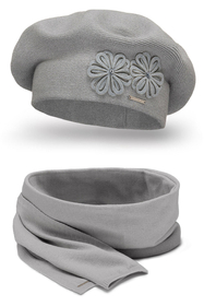 Vivisence Elegant Women's Winter Set Beret And Scarf With Classic Design And Floral Decoration Made Of Warm And Soft Fabric With Wool Blend Ideal For Cold Winter Days, Light Grey