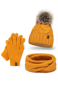 Vivisence Damen Winter Set Bommelmütze Loop Schal Handschuhe Warm Elegant, honig