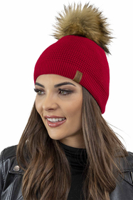 Vivisence Women's Pom Pom Winter Hat Warm Yarn Antistatic 7041, red
