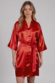 Vivisence Women's Satin Robe with 3/4 Sleeves Tie Waist Short Kimono Style Elegant Polyester Nightwear, 