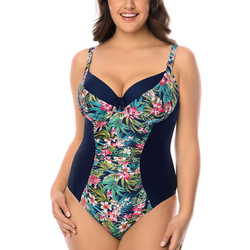 Vivisence Womens One Piece Swimsuit With Padded Cups Adjustable Straps V Neckline Floral Print Design, dark blue flowers