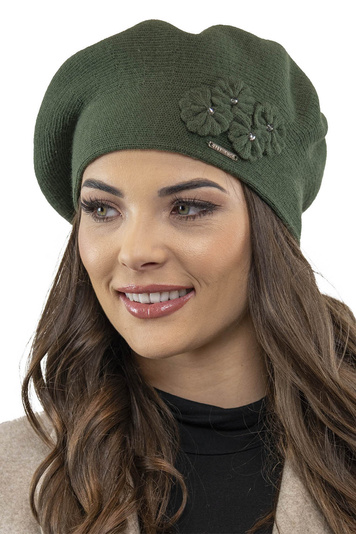 Vivisence Women's Beret Stylish And Elegant With Classic Design And Floral Decoration Made From Warm And Soft Wool For Ladies Perfect For Winter And Everyday Use, Green