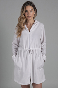 Vivisence Peignoir Femme Court Zippé Capuche Poches Doux Confort Maison 5012, blanc