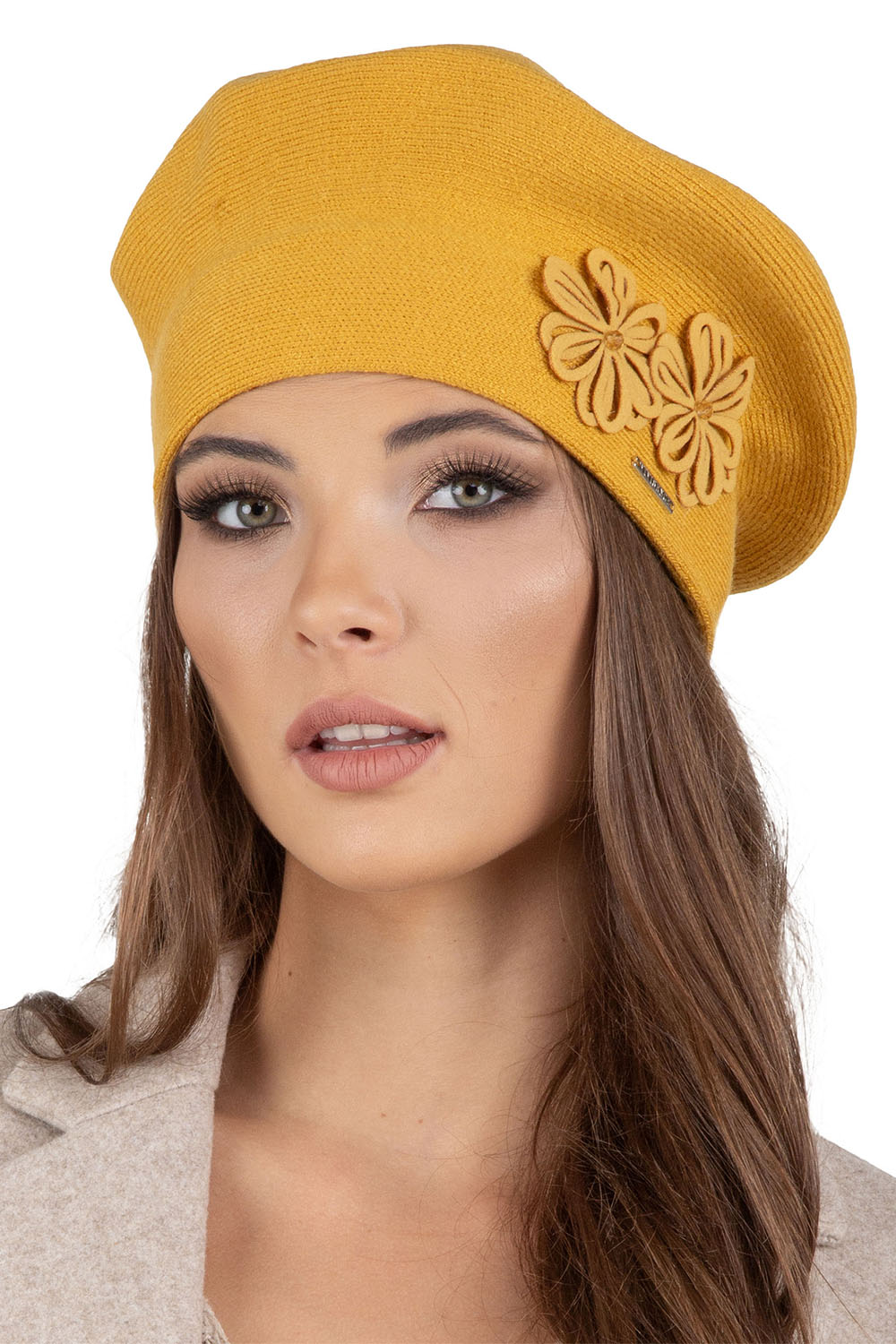 Vivisence Elegant Women's Winter Set Beret And Scarf With Classic Design And Floral Decoration Made Of Warm And Soft Fabric With Wool Blend Ideal For Cold Winter Days, Brown 