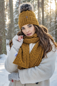 Vivisence Damen Mütze Bommel Warm Fleece Gefüttert Strick Winterstyle 7015, dunkelgelb