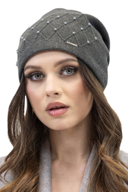 Vivisence Winter Set For Women With Warm Hat And Scarf Made Of Wool-Blend Yarn Fashionable Classic Design With Elegant Pearl And Braid Details Perfectly Fit For Cold Days, dark grey
