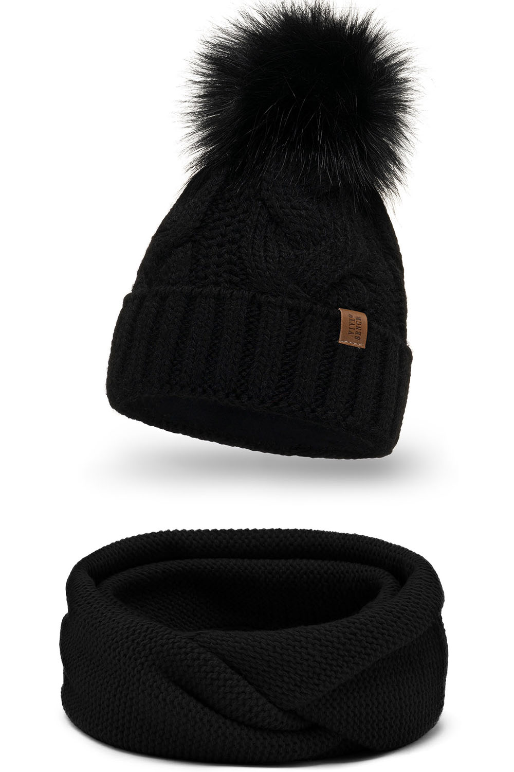 Vivisence Damen Bommelmütze Und Loop-Schal Mit Bommel Ideal Für Wintertage 7014, schwarz