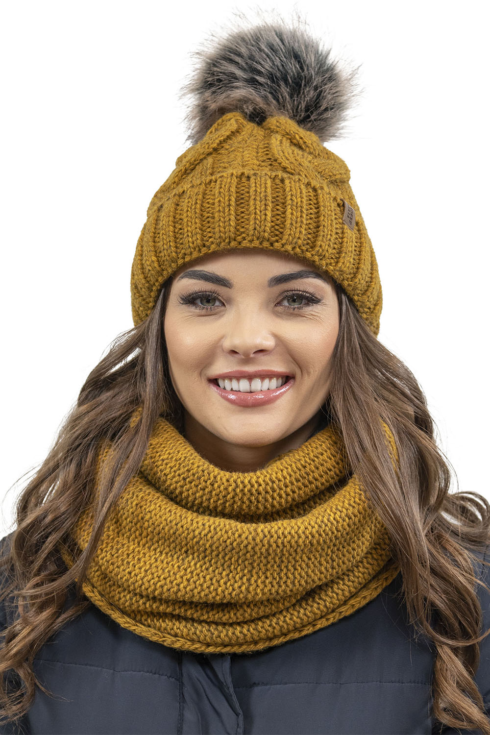 Vivisence Damen Winter Set Bommelmütze Loop Schal Handschuhe Warm Elegant, dunkelgelb