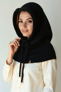 Vivisence Femme Cagoule Hiver Laine Merinos Et Coton Reglable Chaleur Douce, noir