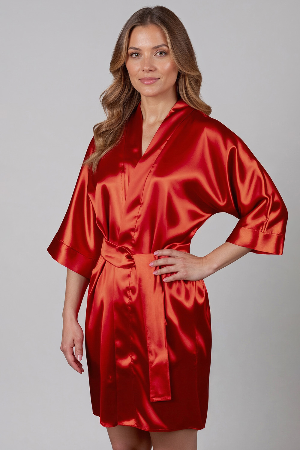 Vivisence Women's Satin Robe with 3/4 Sleeves Tie Waist Short Kimono Style Elegant Polyester Nightwear, 