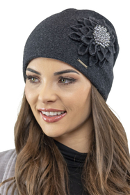 Vivisence Damen Mütze Wolle Blumenapplikation Falten Antistatisch Elegant 7052, dunkelgrau