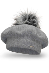 Vivisence Women Beret Wool Blend Faux Fur Pompom Elegant Warm Winter Hat 7035, grey
