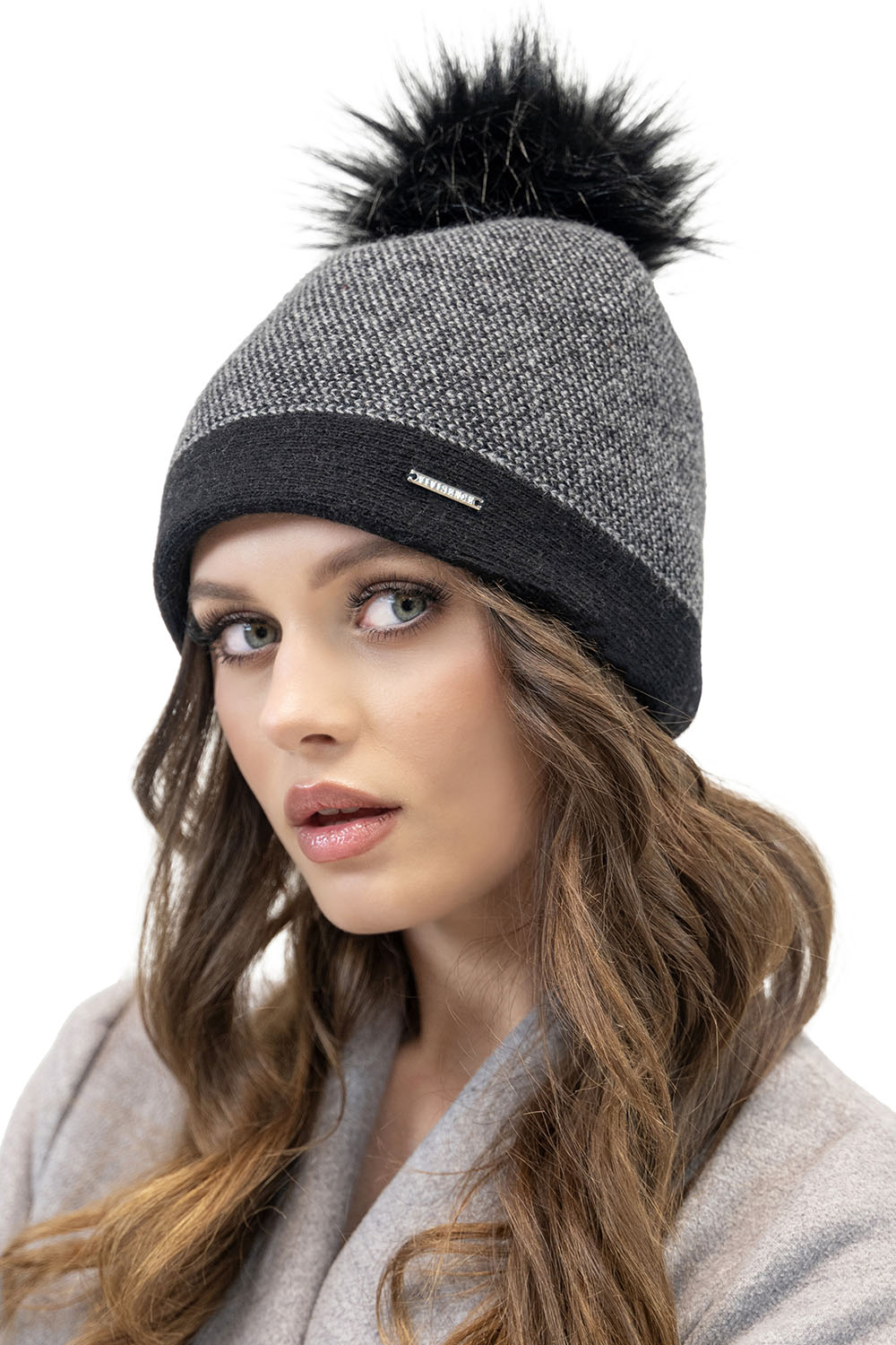 Vivisence Damen Bommelmütze Winter Bommel Strickmütze Subtilem Pepitamuster 7095, schwarzes Pepitamuster