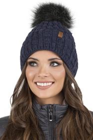 Vivisence Damen Mütze Bommel Warm Fleece Gefüttert Strick Winterstyle 7015, dunkelblau