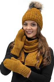 Vivisence Damen Mütze Bommel Warm Fleece Gefüttert Strick Winterstyle 7015, dunkelgelb