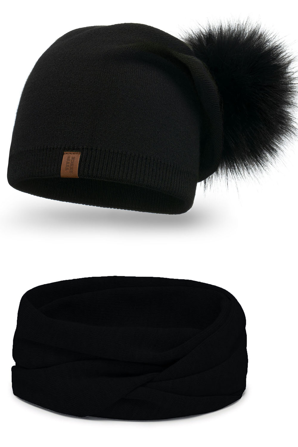 Vivisence Modisches Damen-Set aus Mütze Mit Umweltfreundlichem Pompon und Doppelt Gefaltetem Strickstoff Sowie Passendem Loop-Schal Ideal für Kalte Wintertage, Schwarz