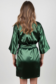 Vivisence Women's Satin Robe with 3/4 Sleeves Tie Waist Short Kimono Style Elegant Polyester Nightwear, Green