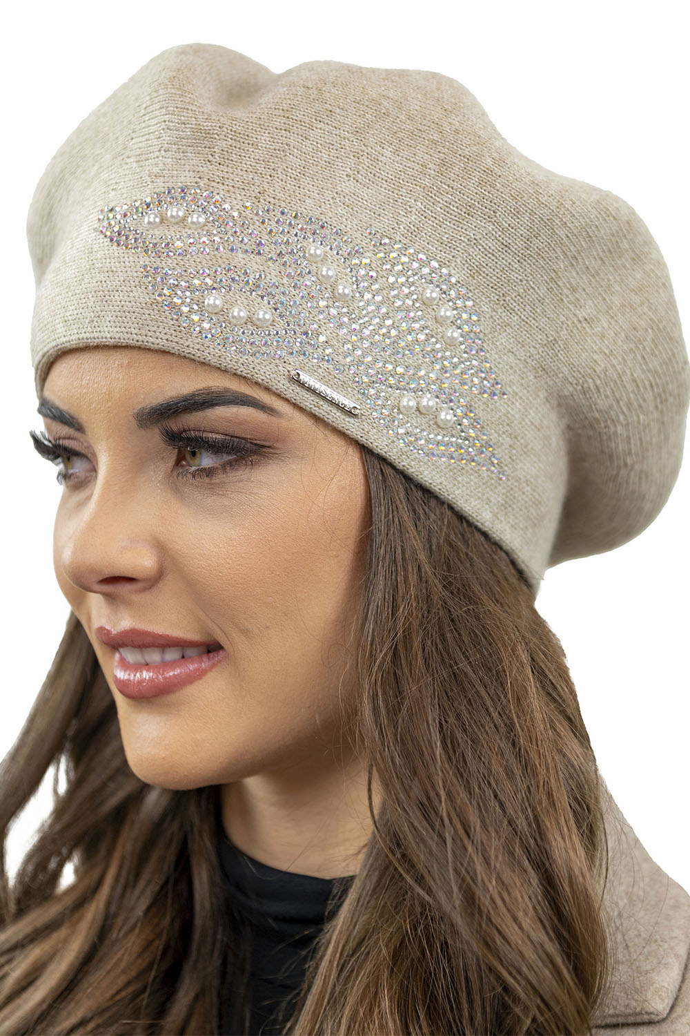 Vivisence Damen Baskenmütze mit Zirkonia-Applikation Ideal für Wintertage 7051, beige