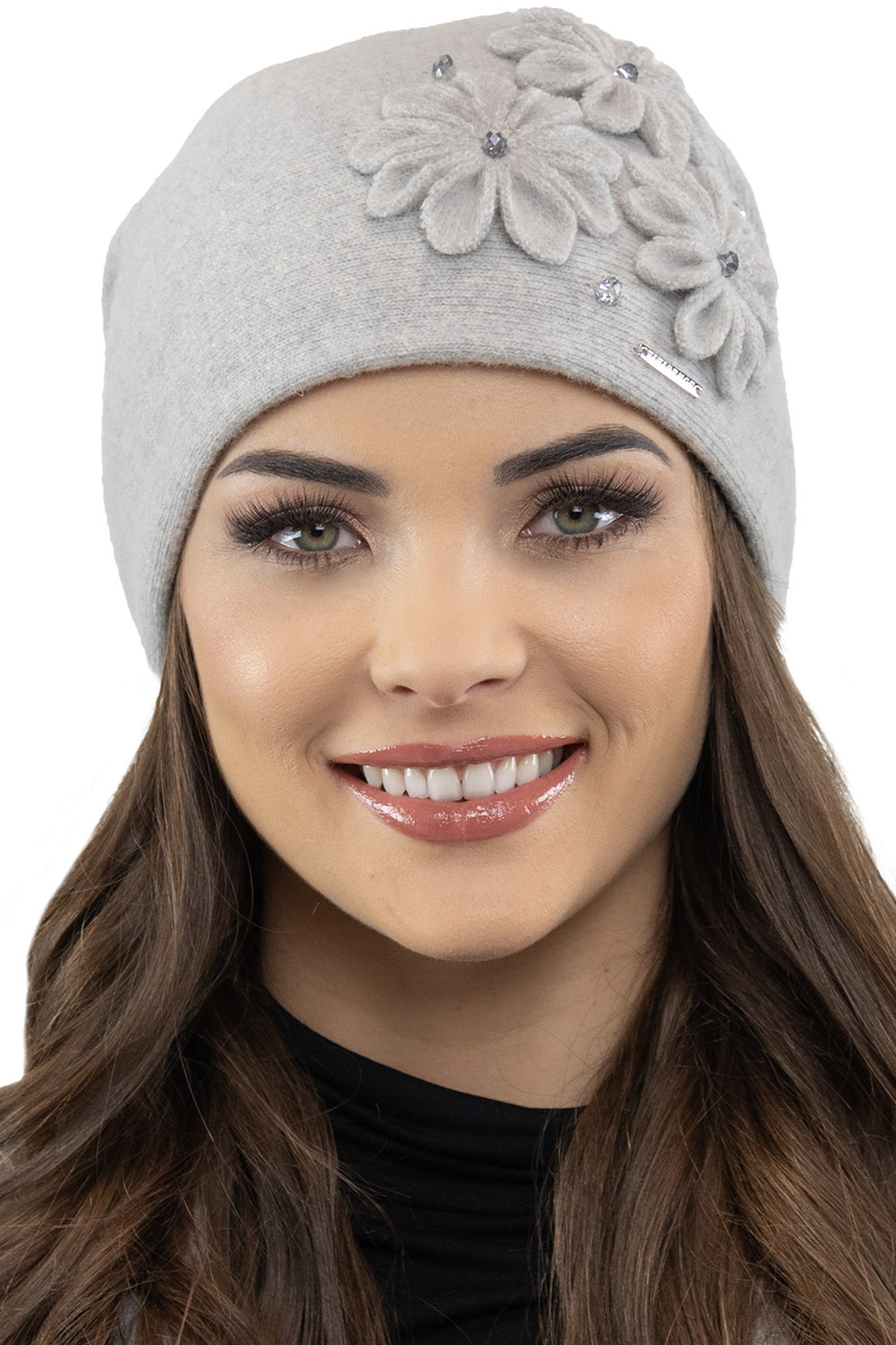 Vivisence Damen Wintermütze Wolle Blumenapplikation Warm Antistatisch 7053, hellgrau