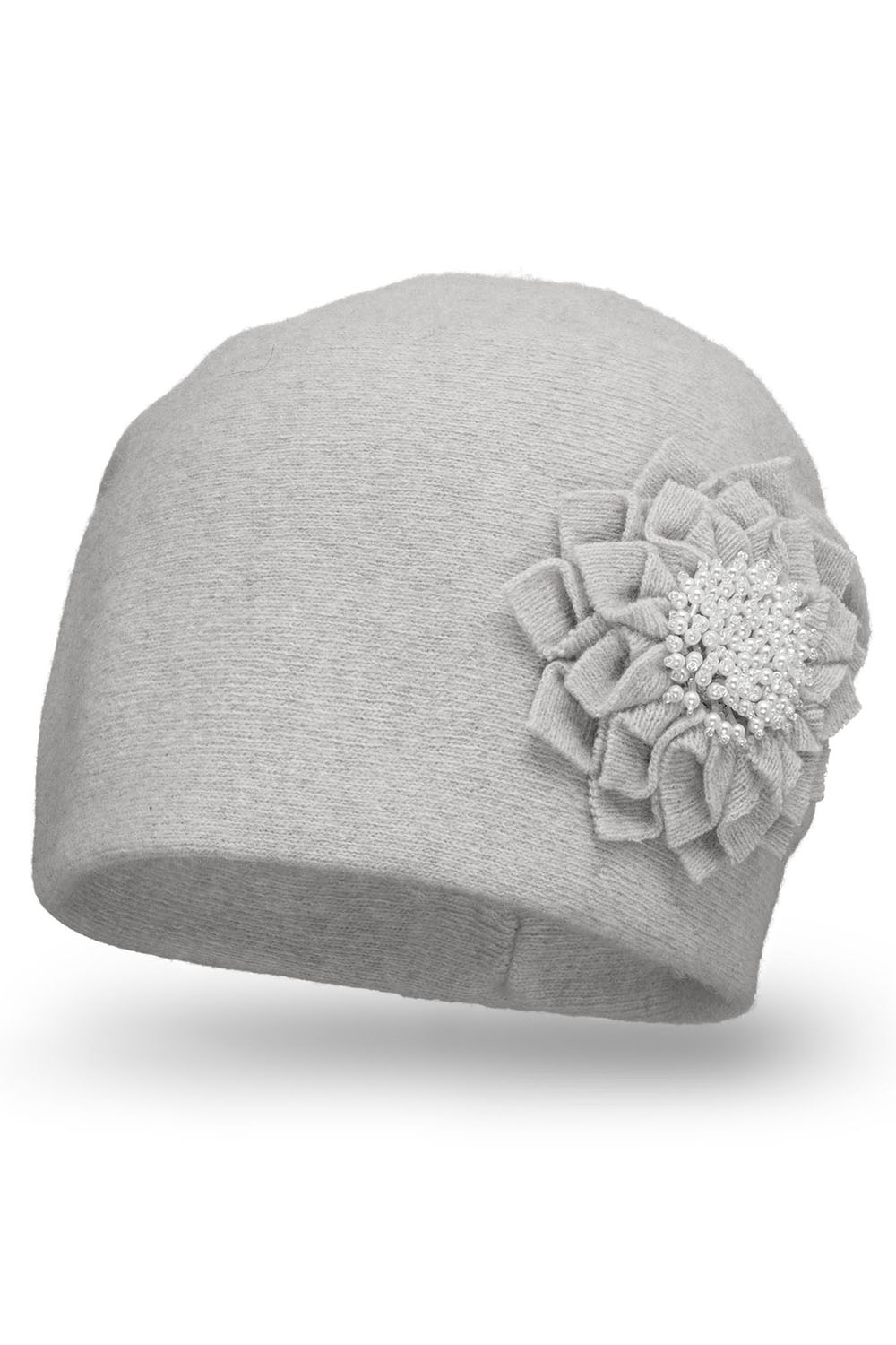 Vivisence Damen Mütze Wolle Blumenapplikation Falten Antistatisch Elegant 7052, hellgrau