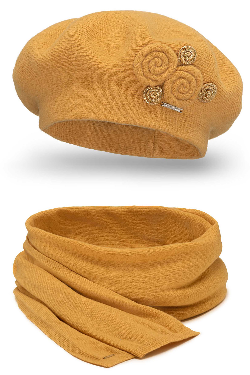 Vivisence Damen Baskenmütze Schal Set Wolle Applikation Lang Warm 7037kmpl, honig