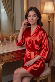 Vivisence Women's Satin Robe with 3/4 Sleeves Tie Waist Short Kimono Style Elegant Polyester Nightwear, 