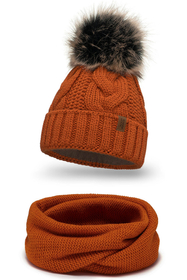 Vivisence Damen Bommelmütze Und Loop-Schal Mit Bommel Ideal Für Wintertage 7014, orange