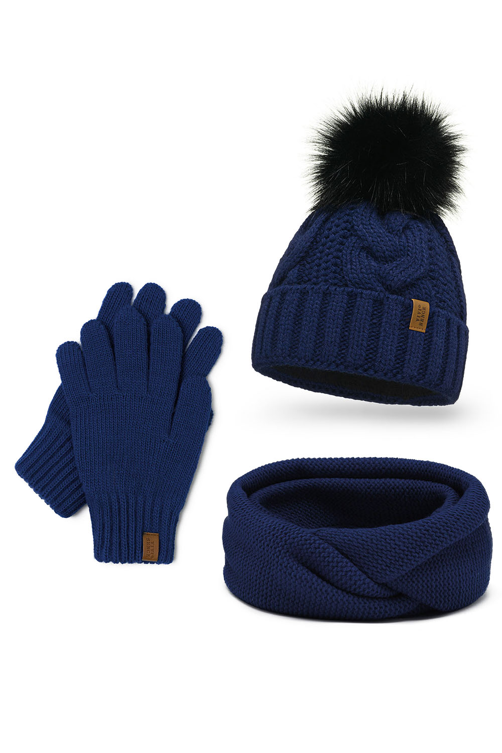 Vivisence Damen Winter Set Bommelmütze Loop Schal Handschuhe Warm Elegant, dunkelblau