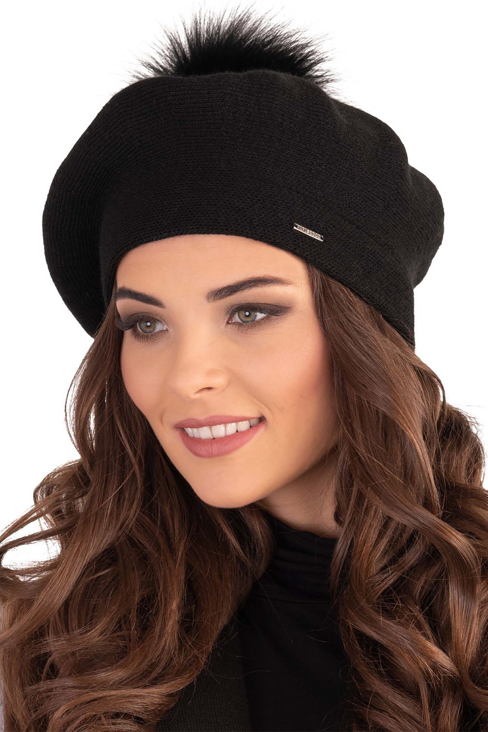 Vivisence Women Beret Wool Blend Faux Fur Pompom Elegant Warm Winter Hat 7035, black