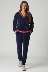 Vivisence Women Tracksuit Velour Set Ribbed Cuffs Comfortable Loungewear 9201, dark blue