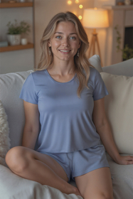 Vivisence Femme Haut de Pyjama Viscose Manches Courtes Confort pour Nuit 2201, bleu ciel