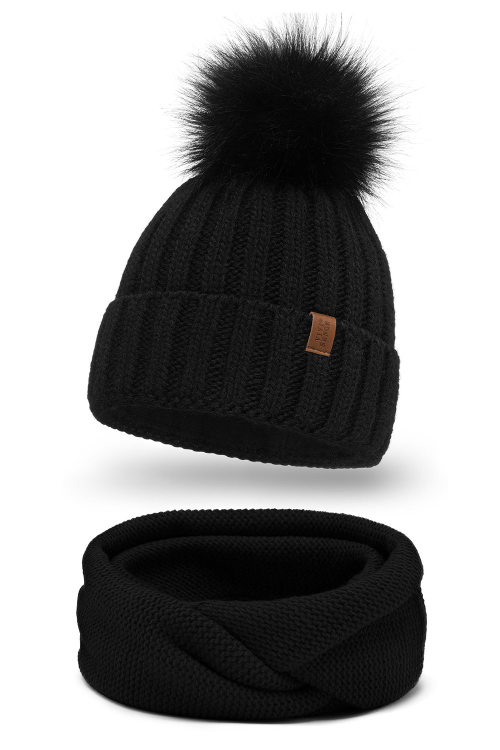 Vivisence Trendiges Damen-Set Mütze Mit Kunstpelz-Bommel Und Loop-Schal Aus Warmem Garn Antistatisches Fleece-Innenfutte, Perfekte Passform Mit Logo Aus Öko-Leder Ideal Für Kalte Wintertage, Schwarz