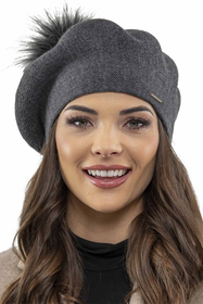 Vivisence Damen Baskenmütze Schal Set Bommel Wolle Warm Elegant Winter 7035Kmpl, dunkelgrau