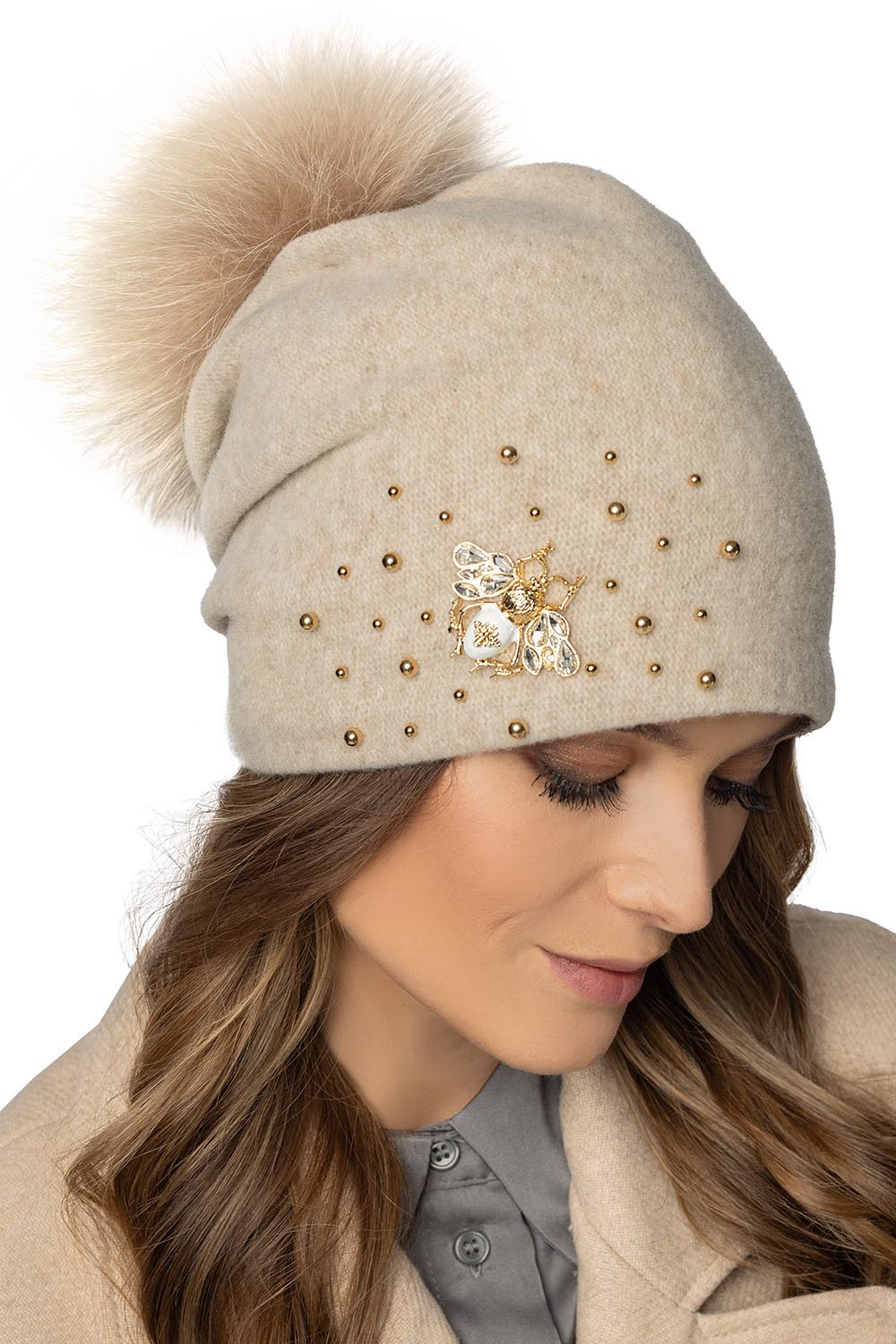 Vivisence Damen Bommelmütze Winter Wolle Handgefertigte Schurwolle 7079, Beige