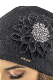Vivisence Women's Wool Hat With Floral Pleats Antistatic Elegant 7052, dark grey