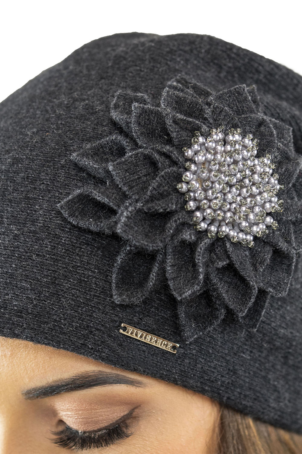 Vivisence Women's Wool Hat With Floral Pleats Antistatic Elegant 7052, dark grey