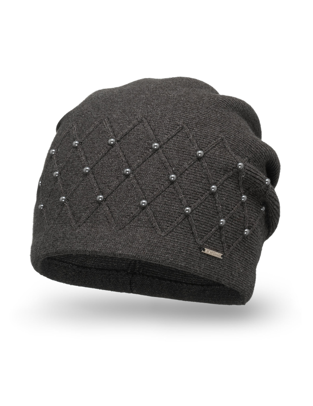 Vivisence Knitted Hat For Women Warm Winter With Pearls Wool Fleece Pleats 7002, dark grey