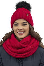 Vivisence Stylish Women's Winter Set Including Pompom Hat And Cozy Snood Scarf Made From Soft And Warm Fabric Smooth Fleece Lining Ideal For Cold Days, red