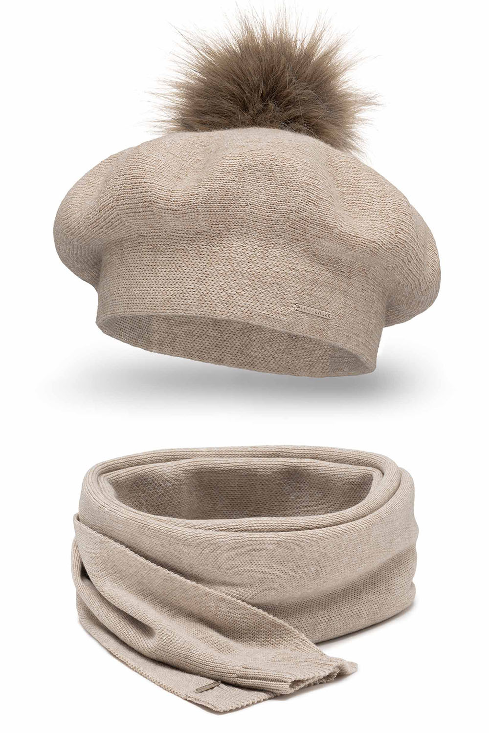 Vivisence Damen Baskenmütze Schal Set Bommel Wolle Warm Elegant Winter 7035Kmpl, beige