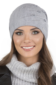 Vivisence Damen Mütze Strick Warm Fleece Zirkonia Perlen Elegant Winter 7012, hellgrau