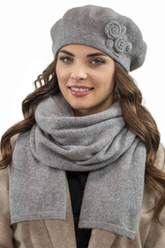 Vivisence Damen Baskenmütze Schal Set Wolle Applikation Lang Warm 7037kmpl, hellgrau