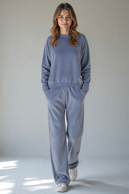 Vivisence Damen Trainingsanzug Set Zweiteiler Aus Velours Mit Sweatshirt Und Hose Lockerer Schnitt Rundhals Seitentaschen Elastischer Bund, Blau