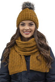Vivisence Damen Mütze Bommel Warm Fleece Gefüttert Strick Winterstyle 7015, dunkelgelb