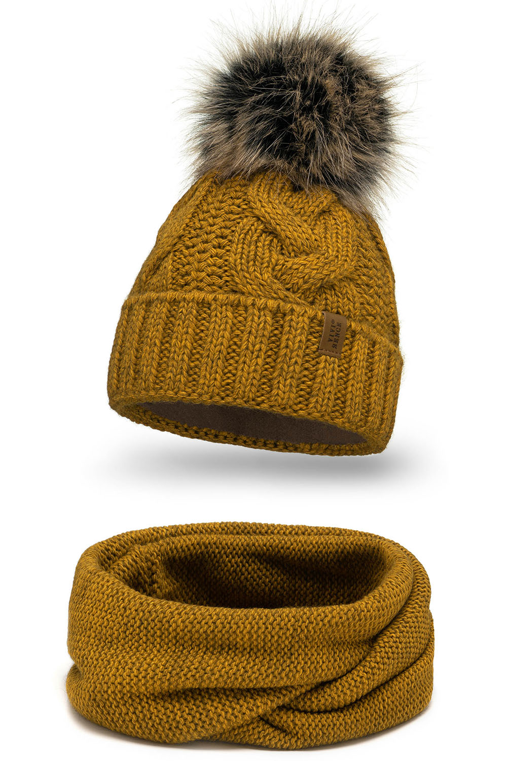 Vivisence Bonnet Femme Et Écharpe Pour L'automne et L'hiver À Pompon Cache-cou Ensemble Classique En Fils Chauds Avec Doublure En Polaire Parfait Pour Les Journées Froides 7014, jaune foncé