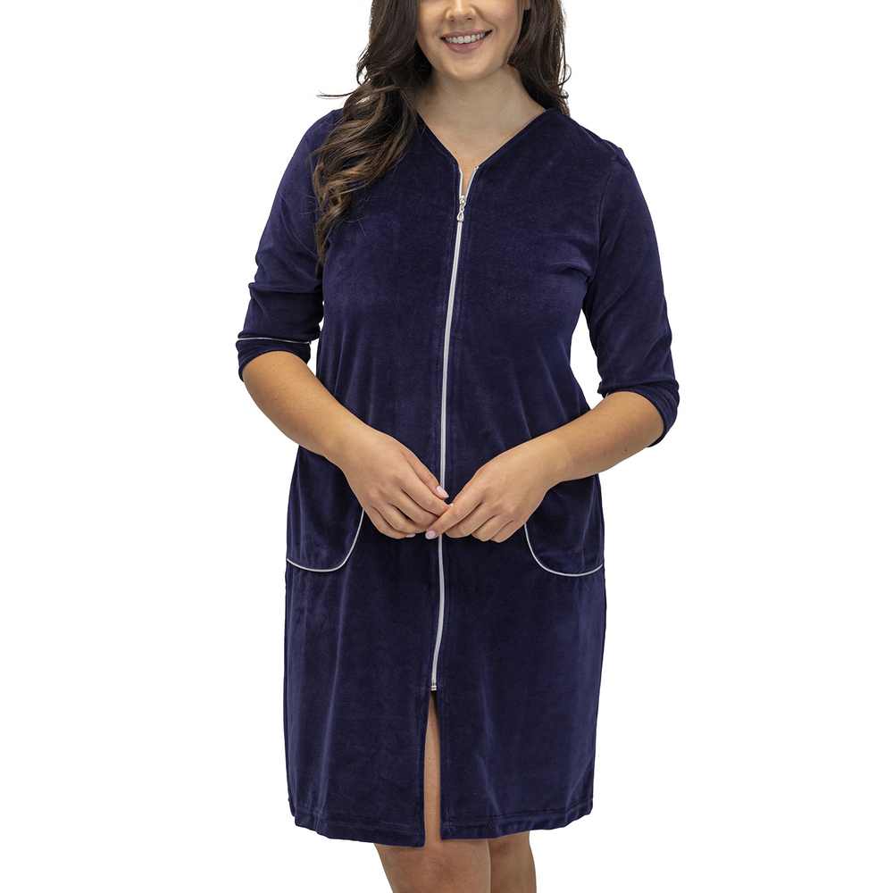 Vivisence Robe with Pockets Cotton Zipper Closure Comfortable To Wear At Home 5027, dark blue